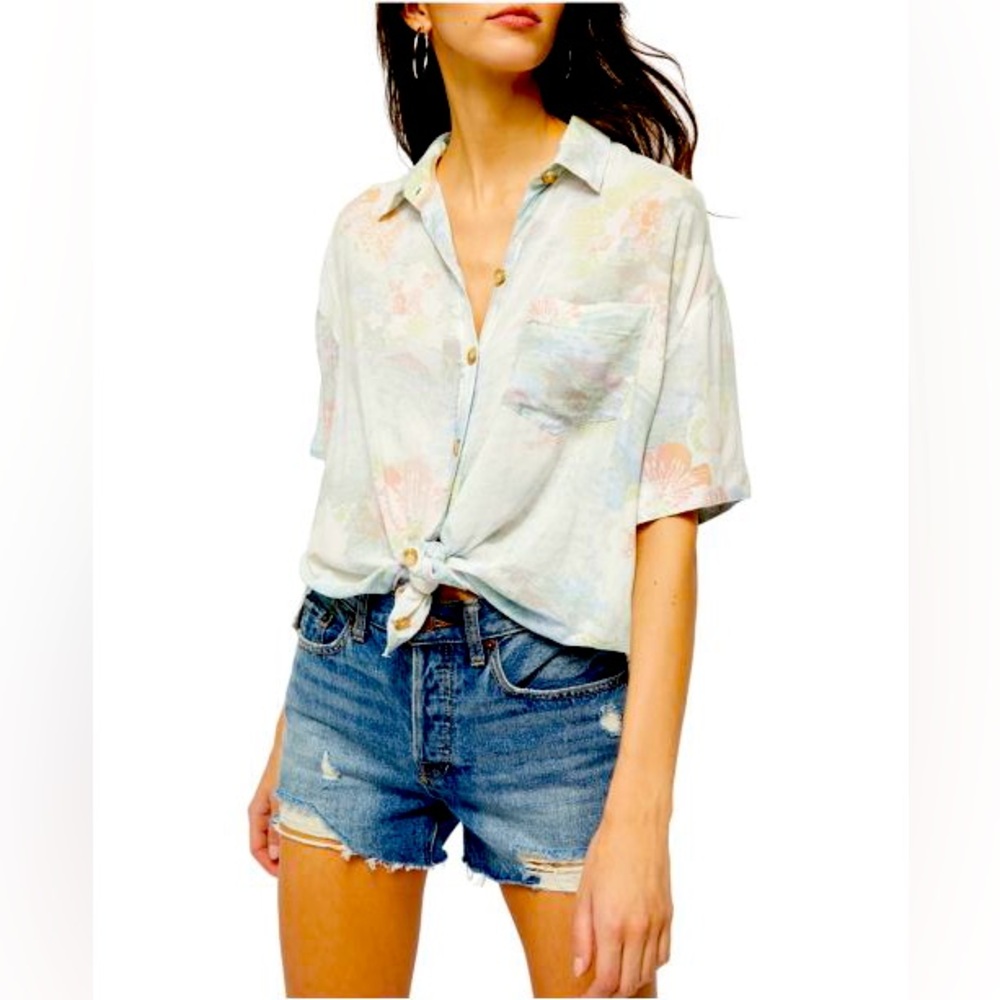 Free People Share Good Vibes Button Down Tee in Ocean Combo - small